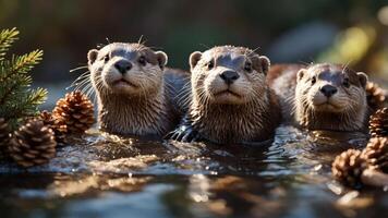 Three otters playfully emerge from the water surrounded by pinecones and greenery. photo