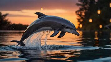 A dolphin leaps gracefully above the water at sunset, creating a serene and vibrant scene. photo