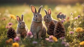 A serene scene of rabbits in a flower-filled meadow surrounded by pine cones. photo