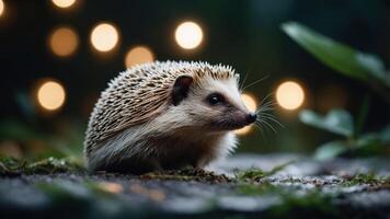 A hedgehog in a serene environment with soft lighting and greenery. photo
