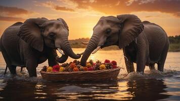 Two elephants playfully interacting with a basket of colorful fruits in a serene water setting. photo