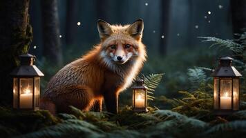 A fox in a serene forest setting, illuminated by lanterns amidst lush greenery. photo