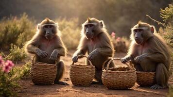 Three monkeys sitting with woven baskets in a natural setting, engaging in playful activity. photo