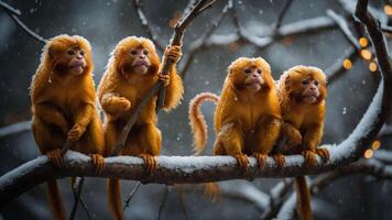 Four golden monkeys perched on a snowy branch, creating a whimsical winter scene. photo