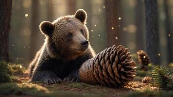A bear curiously examines a large pine cone in a serene forest setting. photo