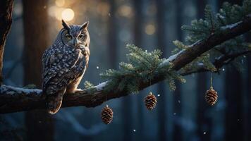 A majestic owl perched on a snowy branch, surrounded by pinecones and a serene forest backdrop. photo