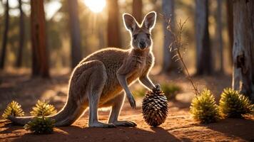 A kangaroo stands beside a pinecone in a sunlit forest setting. photo