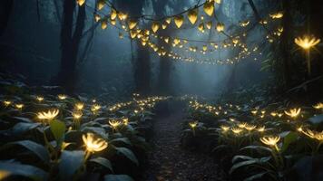 A mystical forest path illuminated by glowing flowers and hanging lights. photo