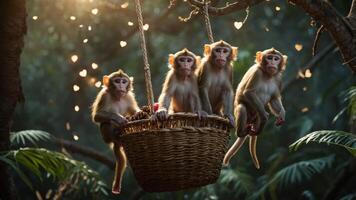 Four monkeys sitting in a woven basket hanging from tree branches in a lush environment. photo