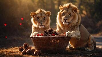 Two lions beside a basket filled with pine cones and red ornaments in a natural setting. photo