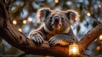 A close-up of a koala perched on a tree branch with soft lighting in the background. photo