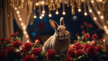 A rabbit surrounded by roses and fairy lights, creating a whimsical and romantic atmosphere. photo