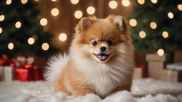 A cheerful Pomeranian dog sits on a fluffy surface with festive lights and gifts in the background. photo