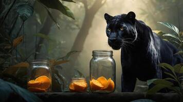 A black panther stands near jars of oranges in a misty jungle setting. photo