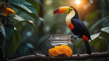 A vibrant toucan perched beside a jar of oranges in a lush, sunlit jungle setting. photo