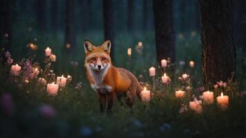 A fox stands among glowing candles in a serene forest setting. photo