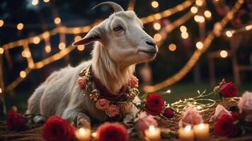 A decorated goat surrounded by roses and fairy lights, creating a festive atmosphere. photo