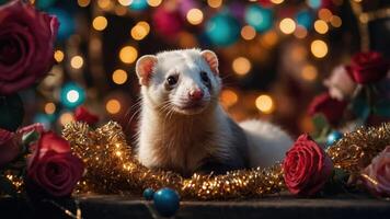 A ferret surrounded by roses and decorative lights, creating a festive atmosphere. photo