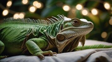 A close-up of a green iguana resting on a surface with blurred lights in the background. photo