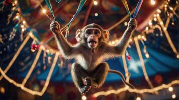 A playful monkey swings joyfully under colorful lights in a festive atmosphere. photo
