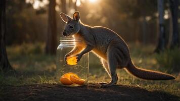 A kangaroo reaching into a jar with orange slices at sunset in a natural setting. photo