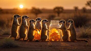 Meerkats curiously gather around a jar filled with orange slices at sunset. photo