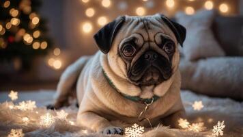 A pug lying on a cozy surface surrounded by festive lights and decorations. photo