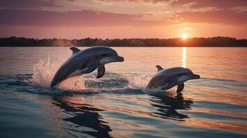 Two dolphins leap from the water at sunset, creating a serene and joyful scene. photo