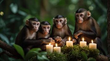 Four monkeys gathered around candles in a lush forest setting. photo
