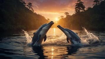Two dolphins leap from the water at sunset, creating a beautiful natural scene. photo