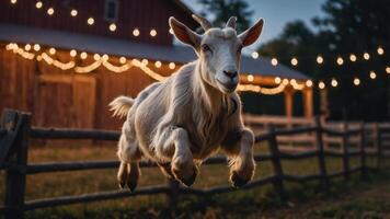 A goat leaps joyfully in front of a barn adorned with festive lights at dusk. photo