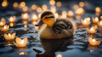 A duckling floats among glowing lotus candles on a serene water surface. photo