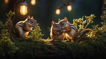 Three chipmunks playfully interacting on a mossy log under soft glowing lights. photo
