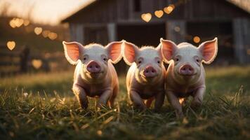 Three playful piglets running in a sunlit field with a barn in the background. photo