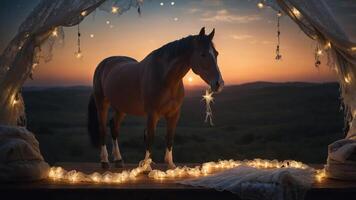 A serene horse stands by a sunset backdrop adorned with fairy lights and draped fabric. photo