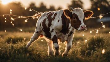 A playful calf surrounded by glowing lights in a grassy field at sunset. photo