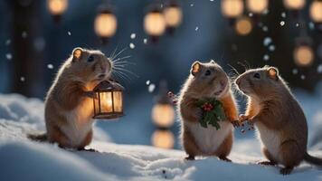 Three cute squirrels in the snow, sharing a lantern and holly, creating a festive atmosphere. photo
