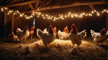 Chickens in a barn illuminated by fairy lights, surrounded by straw and eggs. photo