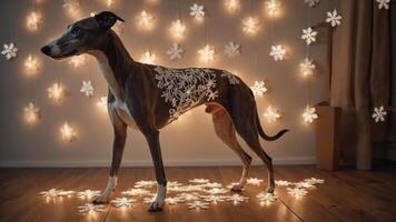 A greyhound stands amidst decorative lights and snowflake motifs, creating a festive atmosphere. photo