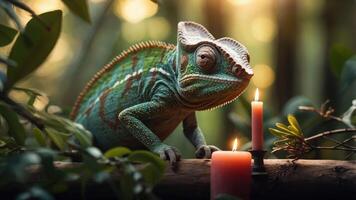 A chameleon perched on a branch beside candles in a serene, natural setting. photo