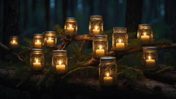 A serene forest scene with lit mason jars on a branch, creating a cozy atmosphere. photo
