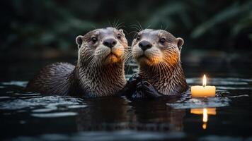 Two otters in water, gazing at a lit candle, creating a serene and cozy atmosphere. photo