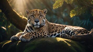 A majestic leopard resting on a moss-covered rock in a sunlit jungle environment. photo