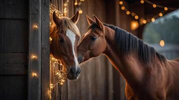 Two horses interacting in a cozy barn adorned with warm lights. photo