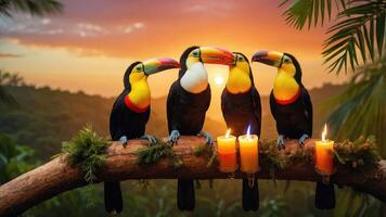A serene scene of toucans perched on a branch at sunset, surrounded by candles. photo