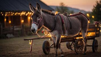 A donkey stands beside a cart adorned with lights at sunset in a rustic setting. photo