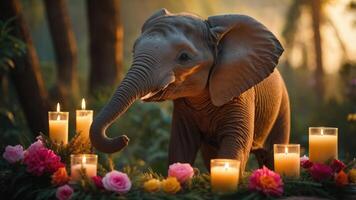 A young elephant surrounded by candles and flowers in a serene, natural setting. photo