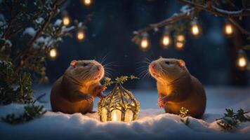 Two hamsters near a lantern in a snowy setting, creating a cozy winter atmosphere. photo