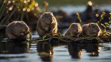 Four small mammals sitting on vegetation in water, enjoying their surroundings. photo