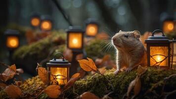 A small rodent sits on moss among glowing lanterns in a serene forest setting. photo